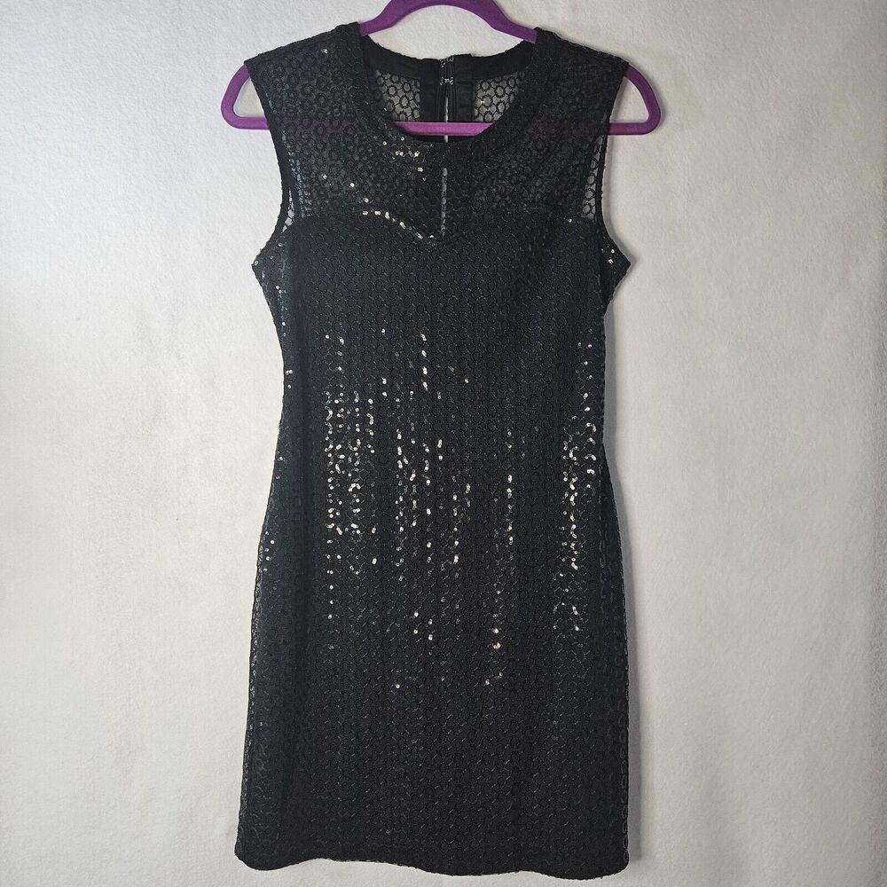 EXPRESS Black Sequin Dress Sz Small S Short Sheer Top Round Neck Sleeveless